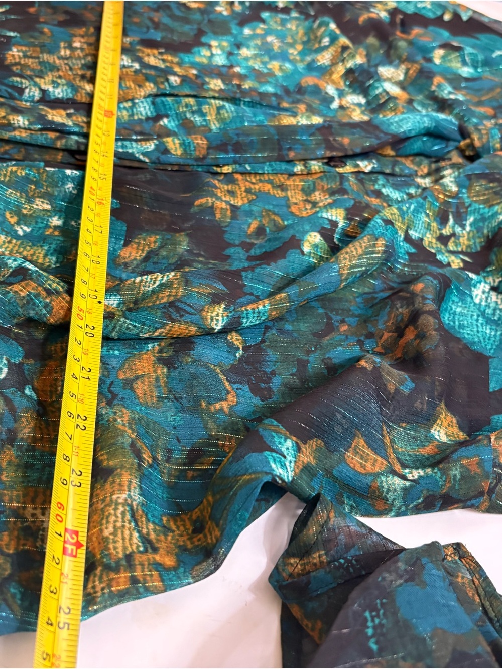 Sheer Teal & Gold Floral Tie-Neck Blouse-with Glimmering Silver Threading! - Picture 16 of 16